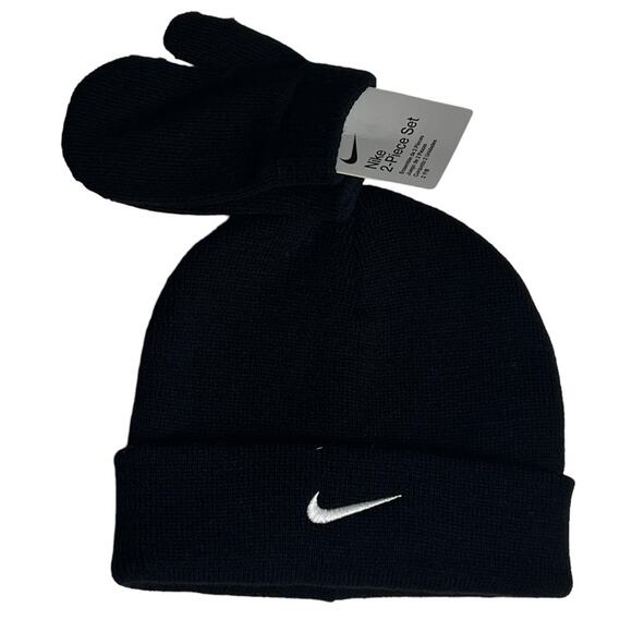 Nike Toddler Logo Boy Two Piece Cold Weather Winter Black & White Hat & Mittens - Picture 1 of 8